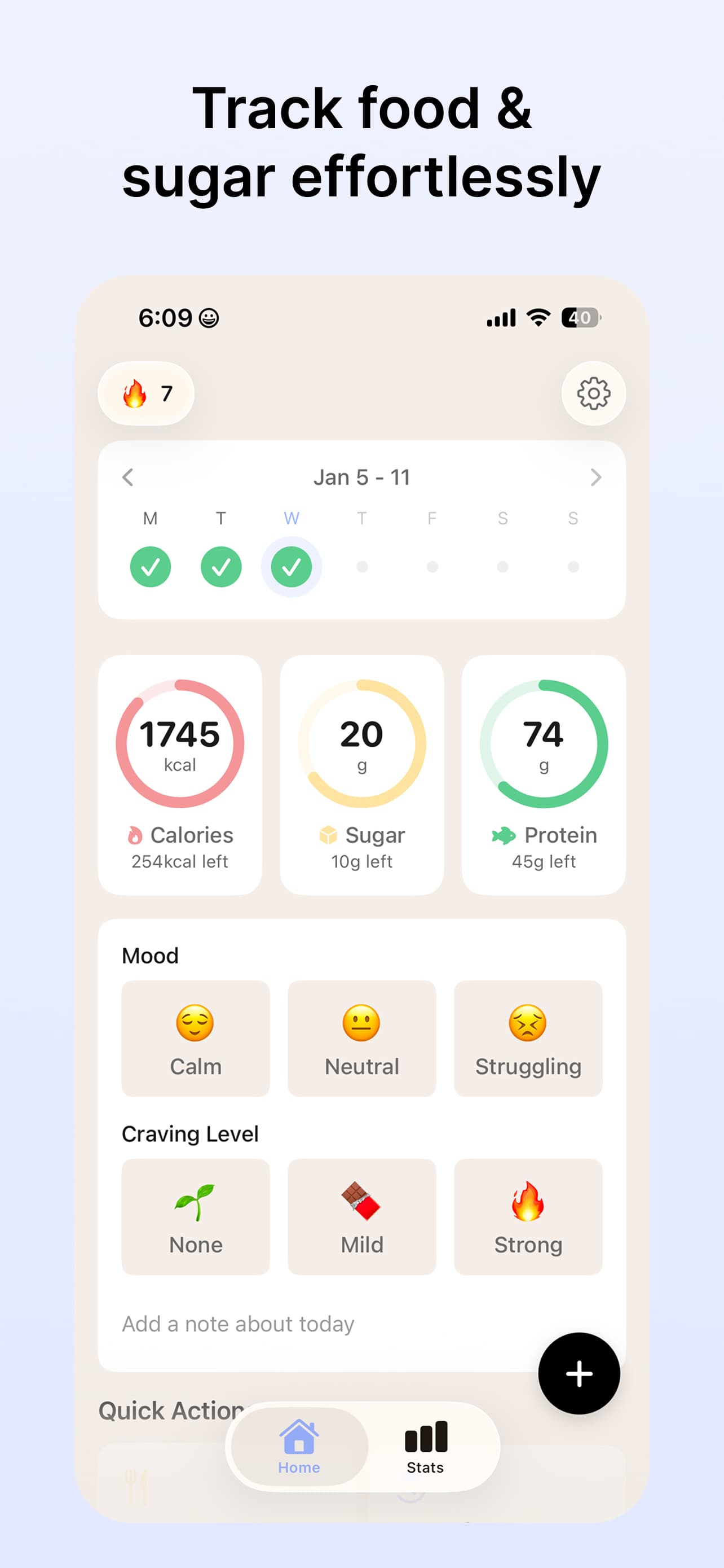 My Food Journal home screen with daily macros